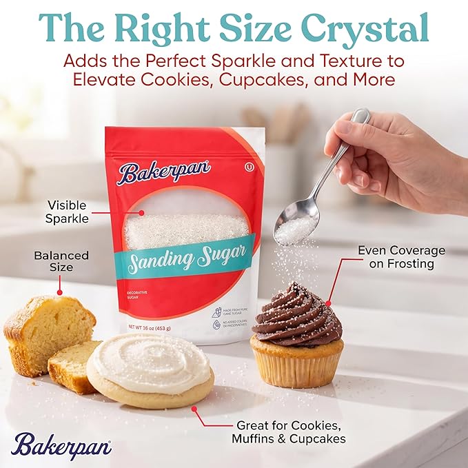 Bakerpan Sanding Sugar for Baking & Cookie Decorating - 16 Ounces Sparkling Sugar Sprinkles for Cookies, Cakes, Cocktails (Made In USA)