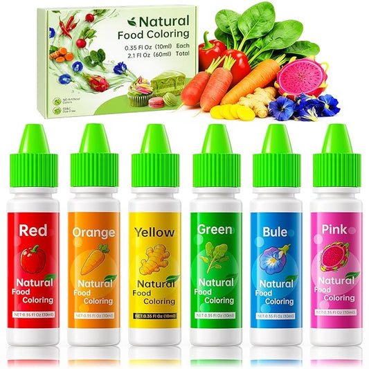 Natural Food Coloring Set - FD&C & Artificial Dye Free, Gluten-Free, 6 Colors (10ml/0.35 Fl. oz) Dye Free Food Coloring,Strong Color Power for Baking, Icing, Frosting, Slime, Cake Decorating & Easter Eggs