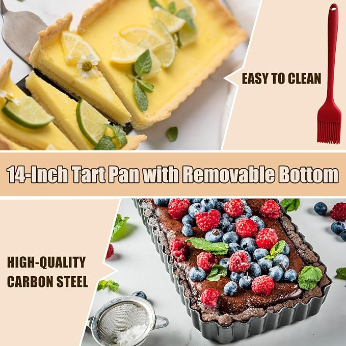 Rectangle Tart Pan with Removable Bottom, 14-Inch Quiche Pans Carbon Steel Tart Mold for Baking Pie (14.4in×4.7in×1.2in)