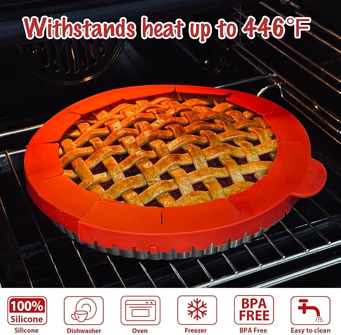 Webake Pie Crust Protector Shield Adjustable Pie Crust Shield Fits 11.5-9 Inch Pie Pan, LFGB Platinum Silicone Pinch Test Passed, for Baking Party Pie Tart, Pack of 2