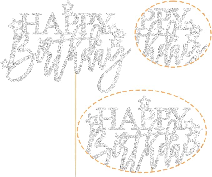 Gyufise 1Pcs Happy Birthday Cake Topper Glitter Cake Pick for Celebrating Anniversary Theme Party Cake Decorations Supplies Light Silver