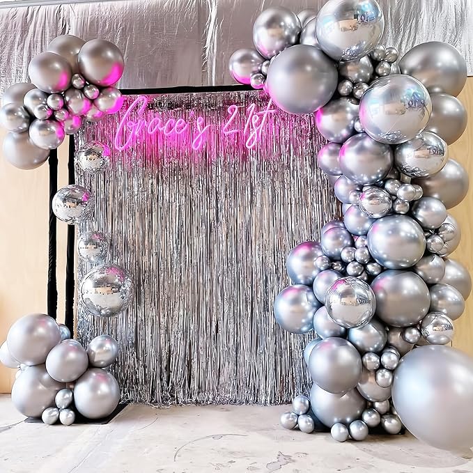 Voircoloria 130pcs Metallic Silver Balloons Different Sizes 18" 12" 10" 5" Chrome Silver Balloon Garland Arch Kit for Graduation Birthday Baby Shower Wedding Anniversary New Year Party Decorations
