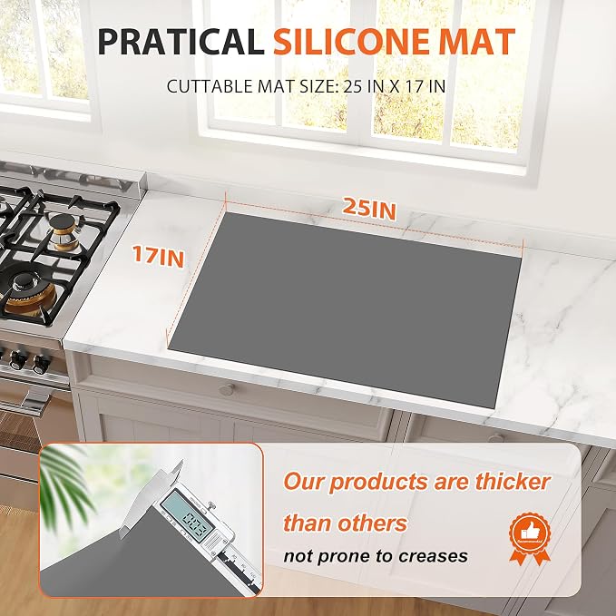 Silicone Mats for Kitchen Counter, Heat Resistant Countertop Protector, Non-Slip Table Mat Desk Saver Pad, Non-Stick Reusable Pastry Mat, Silicone Placemat, Craft Mat - 25'' X 17", Grey