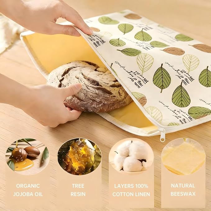 Beeswax Bread Bags for Homemade Bread&Sourdough,Reusable Bread Bags | Natural Cotton Linen Food Storage Bag to Keep Fresh,Washable Bags,L-shaped Zipper,Freezer Safe, Extra Large17"×13" 2Pack