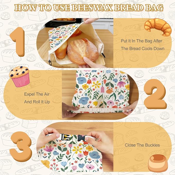 2 Pack Beeswax Bread Bags for Homemade Sourdough, 17x13 Inch Reusable Beeswax Lined Bread Bag with Buckle to Keeps Bread Freshness for Food Storage(Colorful Flowers)