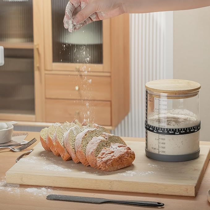 Sourdough Starter Jar,50oz Wide-Mouth with Non-slip silicone rubber Bottom Sourdough Starter Kit,Date Marked Feeding Band, Thermometer, Cloth Cover & Bamboo Lid, Reusable Sourdough Bread Baking