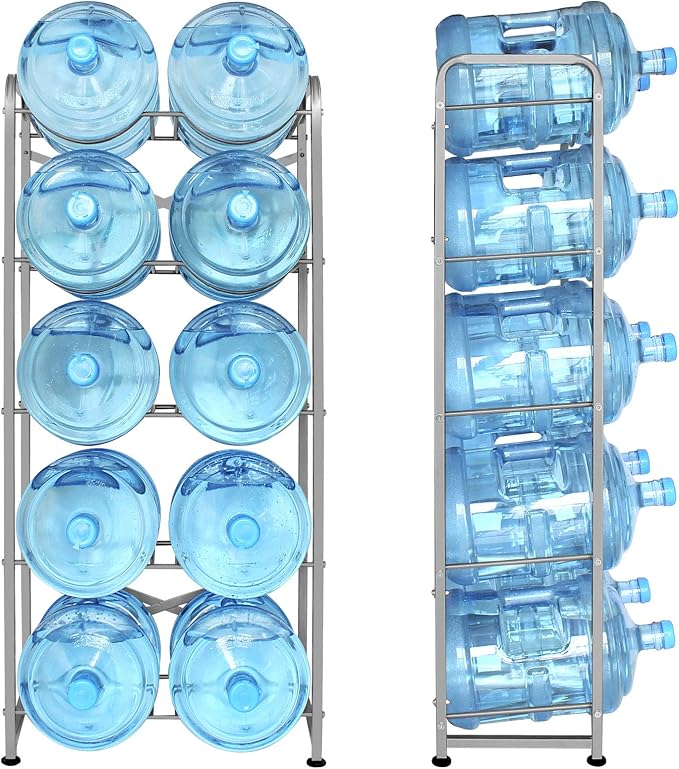 5 Gallon Water Bottle Holder for 10 Bottles, 5 Tiers Heavy-Duty Water Cooler Jug Rack with Reinforcement Frame for Kitchen Office, Silver Grey