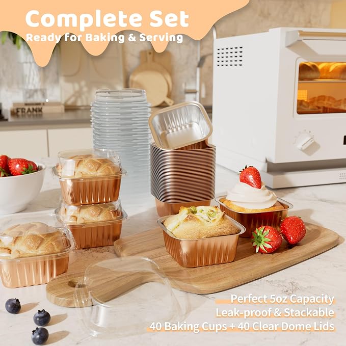 40 Pack 5 OZ Mini Cake Pans with Lids, Disposable Square Aluminum Foil Brownie Baking Cup, Mini Aluminum Foil Cupcake Muffin Tin Ramekins, Dessert Cake Containers for Wedding Birthday Party, Champagne
