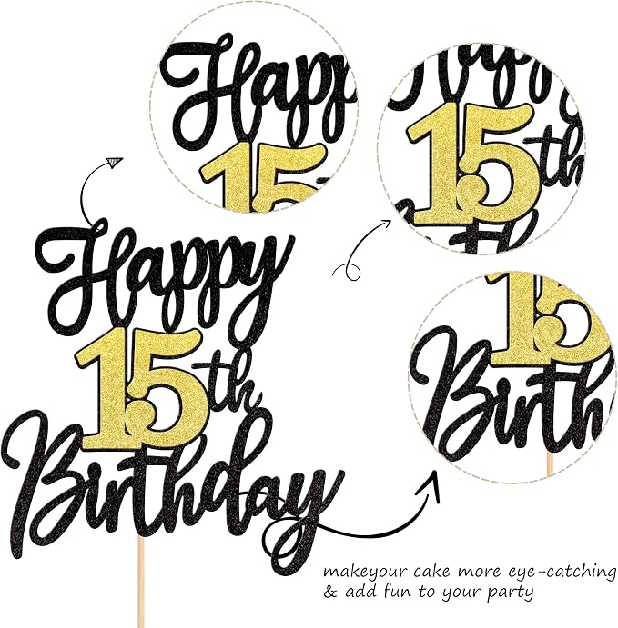 1 PCS Happy 15th Birthday Cake Topper Black Gold Glitter Cheers to 15 Years Birthday Cake Pick 15 Fabulous Cake Decoration for Happy 15th Birthday Anniversary Party Cake Decorations Supplies