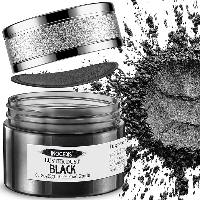 INOCERIS Black Metallic Luster Dust Edible, 5 Grams Food Grade Vegan Shimmer Dust Food Coloring Powder for Cake Decorating, Fondant, Chocolate, Candy, Drinks, Painting & More