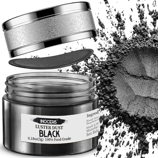 INOCERIS Black Metallic Luster Dust Edible, 5 Grams Food Grade Vegan Shimmer Dust Food Coloring Powder for Cake Decorating, Fondant, Chocolate, Candy, Drinks, Painting & More