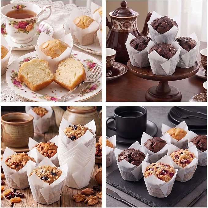 200 Pcs White Tulip Cupcake Liners for Baking, Standard Size | Standard Greaseproof Tulip Muffin Liners for Baking, 3oz White Paper Cupcake Wrappers for Party Wedding Birthday