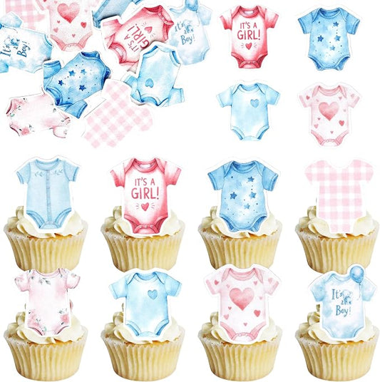 64 PCS Edible Bodysuit Cupcake Toppers Gender Reveal Cupcake Picks Edible It's a Boy Girl Gingham Theme Party Decorations for Gender Reveal Baby Shower Birthday Party Cake Decorations Supplies