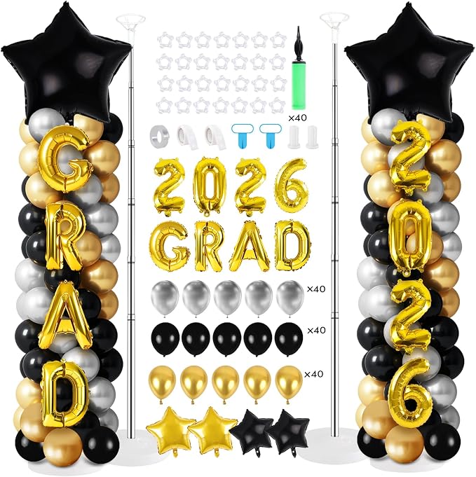 2 Sets Graduation Balloon Column Stand Kits with Balloons 2026 Grad Themed Decoration Navy Blue Balloon Tower Stand Kit for Grad High School & College Celebration Party Decor (Black Gold, 2)