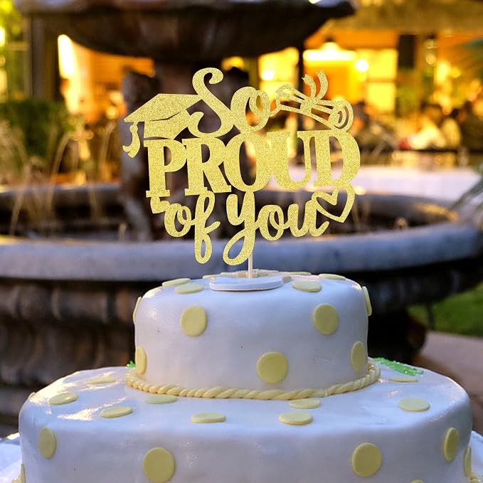 1 Pack So Proud of you Cake Topper with Gold Glitter Diploma Graduation Cap Cake Pick Contrats Class of 2024 Cake Decorations for 2024 Graduation Theme High School Boys Girls Graduate Party