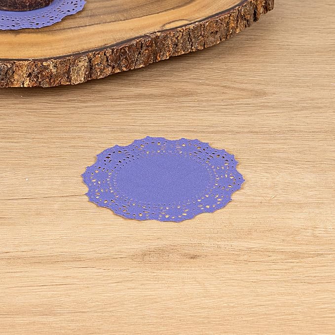 Restaurantware-Pastry Tek 4 x 4 Inch Paper Lace Doilies, 100 Round Disposable Table Doilies - Elegant Lace Finish, Long Lasting, Purple Paper Lace Doilies, for Pastries, Cupcakes, Desserts