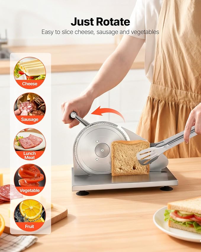 VEVOR Manual Bread Slicer, 0-0.6" Adjustable Thickness Cheese Cutter, Hand Cranked Slicer for Homemade Bread - with Serrated Stainless Steel Blade for Kitchen, Restaurant, Bakery, Party