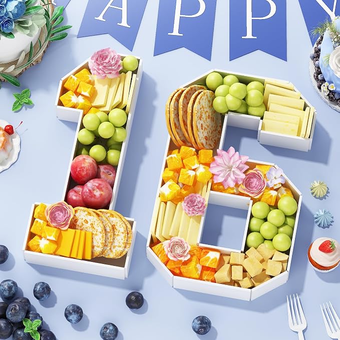 HILAVO Cardboard Number for Charcuterie, 13.7" Cardboard Number 16 Set Fillable Number for Food Paper Mache Number Boxes for Cupcake Candy Sweet 16th Birthday Anniversary Party Decorations