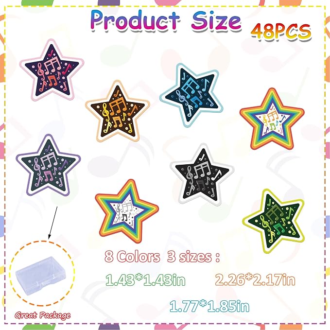 48PCS Edible Musical Notes Star Cupcake Toppers Wafer Paper Music Symbol Cake Picks Music Concert Cake Topper Edible Musical Cupcake Picks for Concert Theme Party Decor