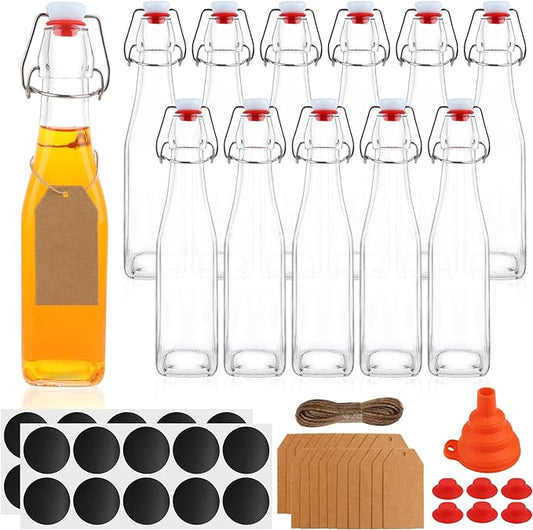 12 Pack 12oz Swing Top Glass Bottles, 375ML Square Bottles with Airtight Stoppers for Kombucha, Kefir, Vanilla Extract, Beer(Bonus Gaskets, Labels and Funnel)