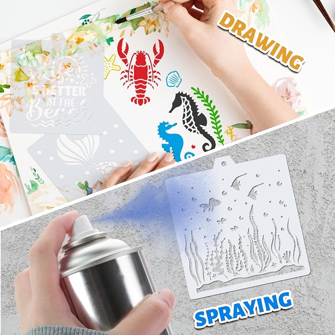 Whaline 15 Pcs Summer Ocean Cookie Stencils Nautical Fish Mermaid Airbrush Painting Stencils with Bead Chain Decorative Baking Templates for Biscuit Cake Party DIY Crafts