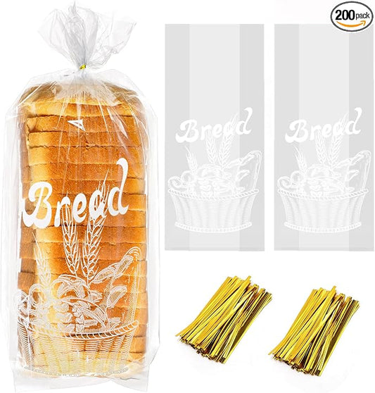 Nicunom 200 Pack Bread Loaf Packing Bags with Ties, Printed Bread Bag for Homemade Bread or Bakery, 8” x 4” x 18”, Reusable Plastic Bread Bags, Large Bread Storage Bags Adjustable