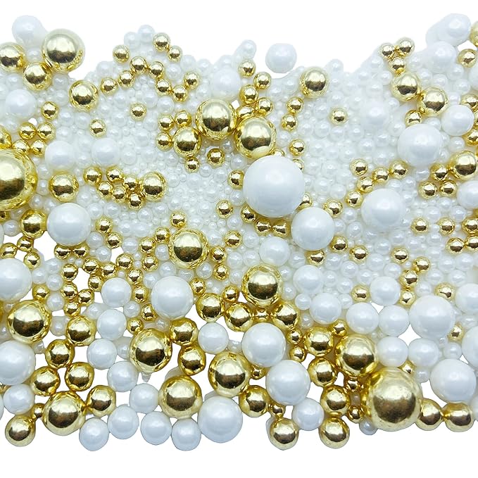 SE Si&Moos Gold and White Pearl Sprinkles for Cake Decorating White Edible Pearl Cake Decorations Gold Sprinkles for Cake, Baby Shower Party Holiday Halloween Christmas Supplies 3.5 OZ