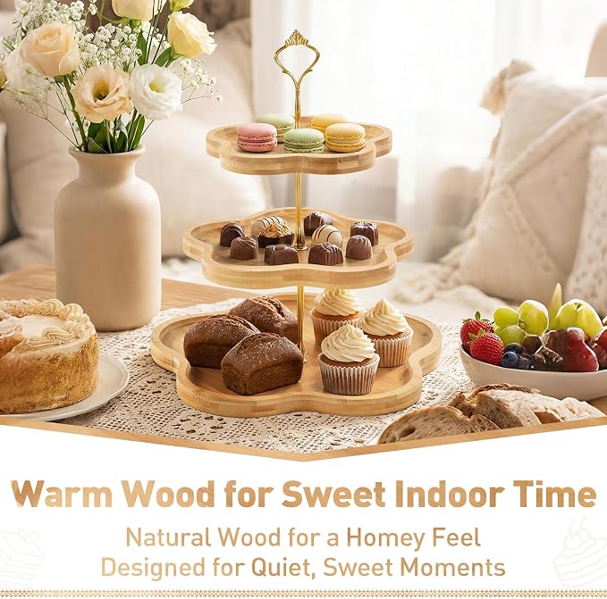 DUJUST Elegant 3-Tier Wooden Cupcake Stand with Flower-Shaped Design, Rustic Bamboo Tiered Serving Tray for Cupcake, Desserts, Tea Party, Wedding, Farmhouse & Kitchen Decor, Easy to Install & Clean