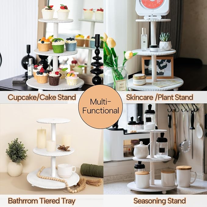 GENMOUS 3 Tier Beaded Cupcake Stand for Farmhouse Wedding Decor, Rustic Wood Cupcake Tower Holder for 24 Cupcakes, White Three Tiered Serving Tray Dessert Display Stand for Birthday Party Baby Shower