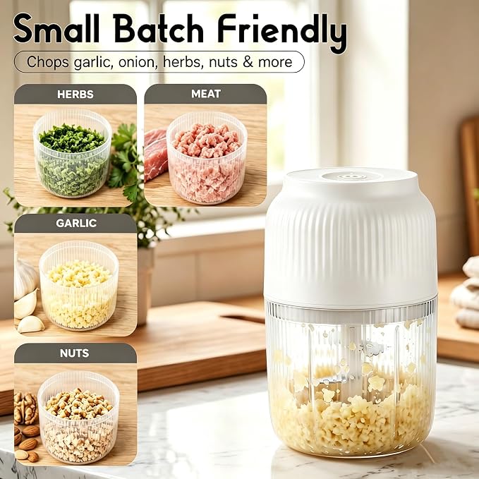 Electric Garlic Chopper, 400ML Upgrade Mini Food Processor & Food Chopper for Kitchen, Portable Cordless Garlic Mincer with 6 Stainless Steel Blades, for Garlic,Onion,Ginger,Chili,and Fruit (white)