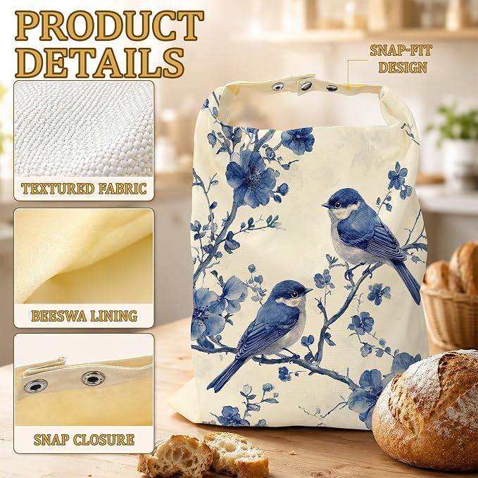 2 Pack Reusable Beeswax Blue Birds Bread Bags, Sourdough Bread Floral Branches Storage for Homemade, Freezer Storage Bag to Keep Fresh, Baguette Bag with Beeswax Liner Kitchen Baking