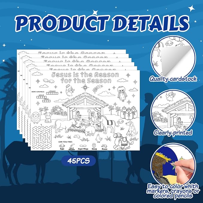 45pcs Nativity Coloring Placemats for Kids Disposable Bible Coloring Poster Christmas Xmas Gifts School Classroom Activities Paper Table Mats