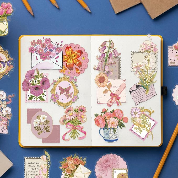 50 Pcs PET Transparent Gold Foil Flower Stickers, Waterproof Vinyl Floral Decals for Laptop Skateboard Luggage, Elegant Flower-Themed Stickers Gift for Teens Adults(Flower-sl)