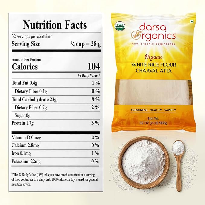 Darsa Organics White Rice Flour - Premium Organic, USDA Certified, Non-GMO, Gluten-Free Rice Flour Powder for Baking & Cooking, Chemical-Free, Long Shelf Life, Food Grade Pouch - 2 lb (908g)