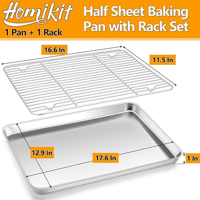 Homikit Baking Half Sheet with Rack (1 Pan + 1 Rack), 18" x 13" Stainless Steel Cookie Sheets for Baking, Metal Bacon Tray with Wire Cooling Rack for Oven Cooking Roasting, Nonstick& Dishwasher Safe