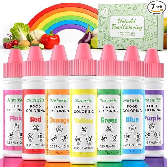 Natural Food Coloring for Baking, Cherrysea 7x10ml Rainbow Liquid Colors Artificial & Synthetic Dye Free Food Dye for Cake Easter Egg Decorating, Frosting, Slime Making & Cookies -0.35 Floz/Bottles