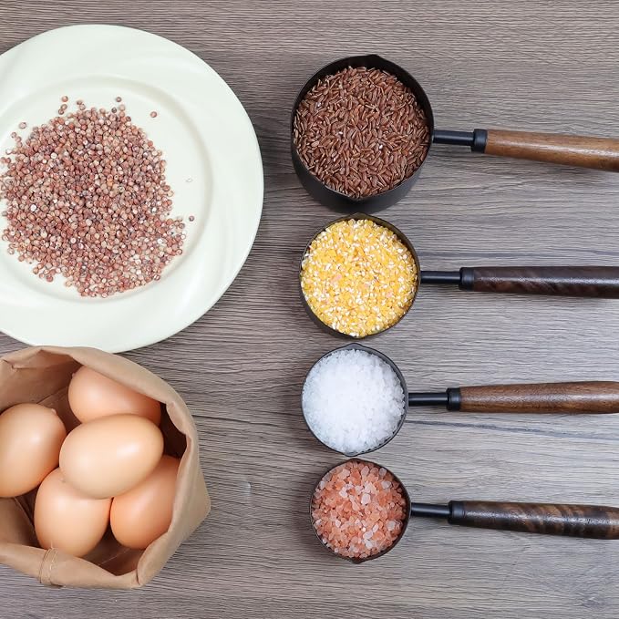 Set of 4 Measuring Cups and Spoons Black Measuring Cups with Wooden Handle Stainless Steel Measuring Spoons and Scoops Set for Kitchen Flour Spice Seasoning Measurement (1+1/2+1/3+1/4 Cup)