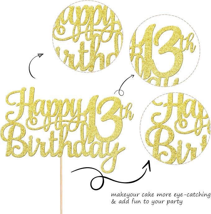1 PCS Happy 13th Birthday Cake Topper Gold Glitter Cheers to 13 Years Birthday Cake Pick Official Teenager 13 Fabulous Cake Decoration for Happy 13th Birthday Theme Party Decorations Supplies