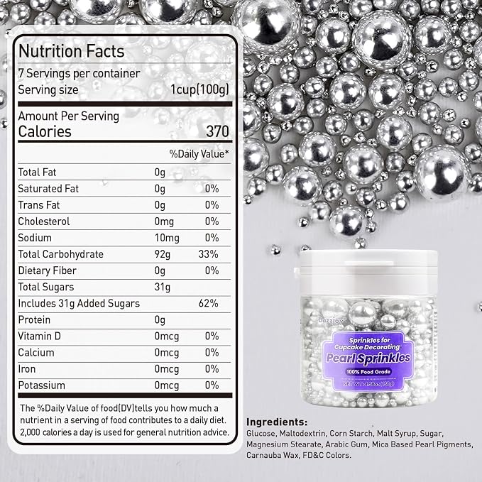 Dazzjoy Silver Pearl Sugar Candy Sprinkles, Edible Pearl Mix Size, 4.58oz, Cake Decorating & Cake Toppers, Baking Cake Decorations, Wedding Party Holiday Supplies