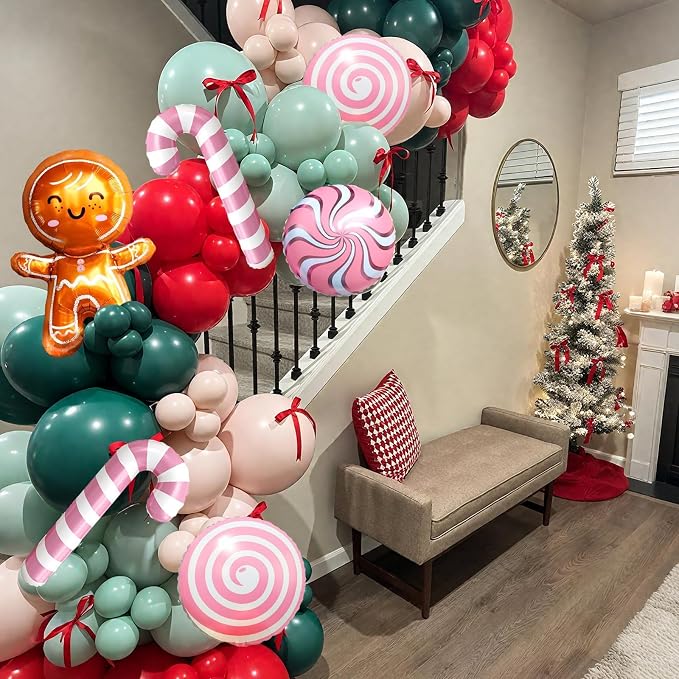 Christmas Balloon Arch Kit, Red Green Macaron Orange Pink Balloons with Lollipop Candy Cane Gingerbread Man Foil Balloons for Xmas Holiday Winter Birthday New Year Party Decorations