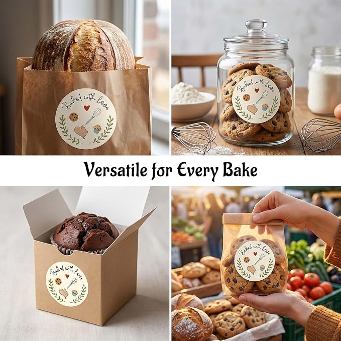 120 Pack Baked with Love Stickers, Round Baking Labels for Cookies, Sourdough Bread & Homemade Treat Packaging, Bakery & Small Business Sealing Stickers for Gift Bags, Boxes & Jars, 1.6"