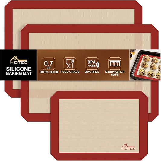 HOTEC Silicone Baking Mats 3 Pack – Thickened Non-Stick Reusable Silicone Baking Sheets for Oven – Cookie & Macaron Mats – 2 Half Sheet + 1 Quarter Sheet – BPA-Free, Dishwasher Safe