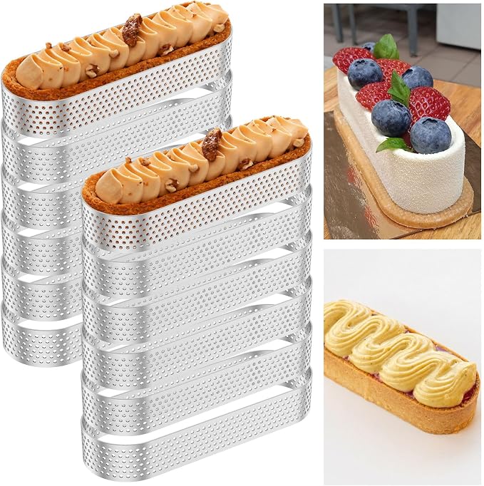 12PCS Oval Tart Rings, 5inch Perforated Tart Ring Mold, Stainless Steel Nonstick Cake Mousse Ring Pastry Mould, Heat Resistant Mini Fruit Tart Mold Pan for Baking Mousse Cheesecake Muffin Pie Dessert