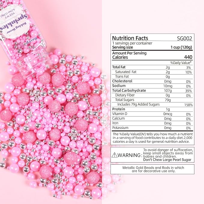 Pink Sprinkles for Cake Decorating 4.23ounce - Sparkle Pearl Sprinkles for Cupcake Toppers, Ice Cream, Candy, Cookie Decorations - Silver Sprinkles for Princess Bridal Shower Wedding Party