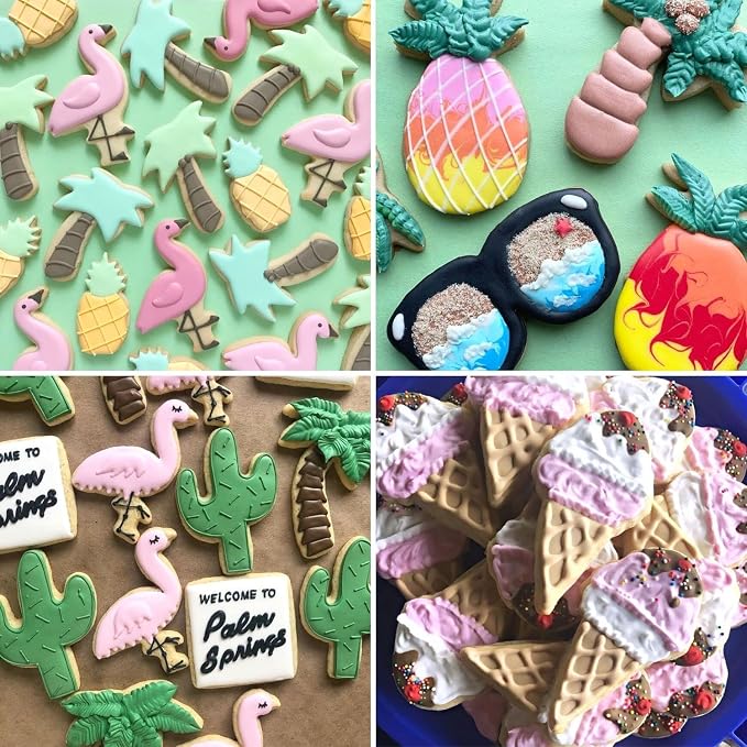 Crethinkaty 6 Pieces Summer Cookie Cutters Set for Baking - Flamingo,Palm Tree,Pineapple,Ice Cream,Cactus and Glasses Shape Stainless Steel Aroma Beads Biscuit/Pastry Cutter