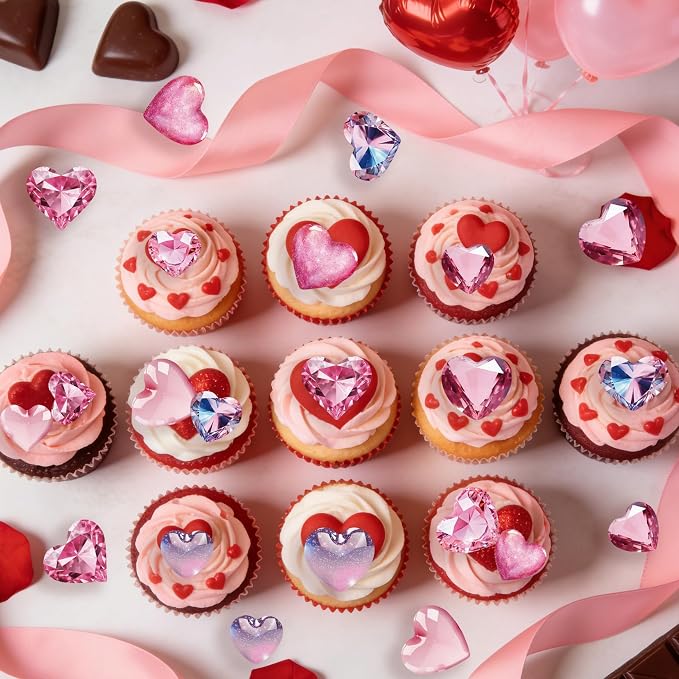56PCS Edible Crystal Heart Cupcake Toppers Wafer Paper Pink Diamond Heart Cupcake Picks Be Mine Cake Decor for Valentine's Day Theme Engagement Party Decoration Supplies