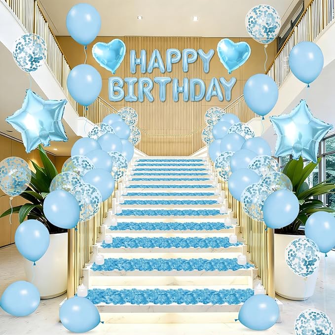 Blue Happy Birthday Balloons Decorations Light Blue Birthday Balloon Letters Banner with Star Heart Balloons 1000 Pcs Artificial Rose Petals 24 Flameless LED Candles for Hotel Birthday Party Supplies