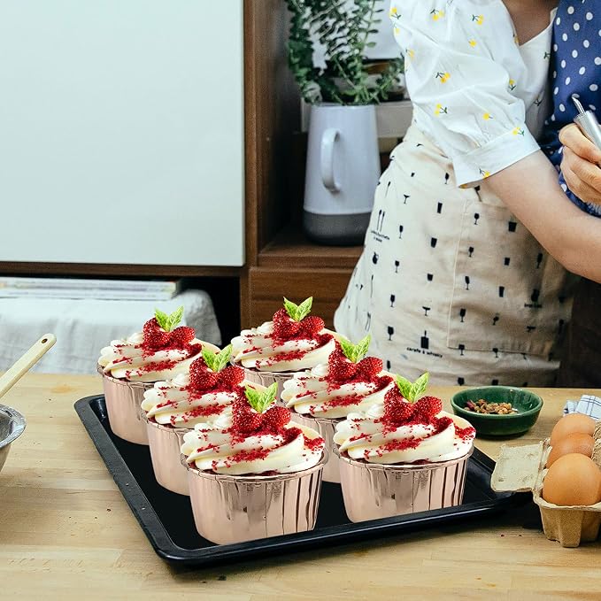 5oz Baking Cups with Lids 50 Pack,LNYZQUS Foil Cupcake Liners Muffin Tins,Disposable Ramekins Pans Muffin Cups Jumbo Cupcake Wrappers Holders for Wedding Party-Champagne