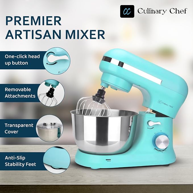 CULINARY CHEF 4.5L Stand Mixer with Stainless Steel Bowl, Tilt-Head Kitchen Electric Mixer with Dough Hook, Mixing Beater and Whisk, Splash Guard, Blue