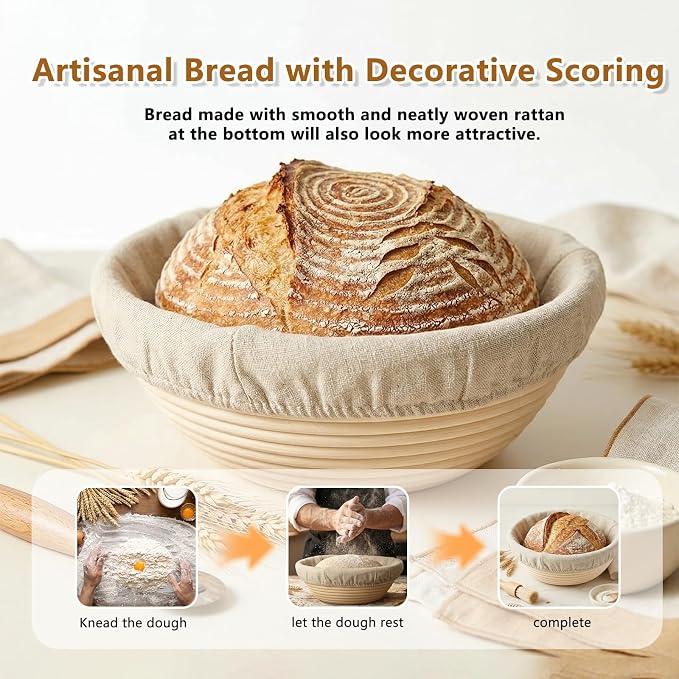 Banneton Bread Proofing Basket - Proofing Basket Set of 2 (9 inch Round), Rattan Banneton with 4 Linen Liners for Sourdough Bread Baking Supplies, Bread Basket for Professionals and Home Bakers